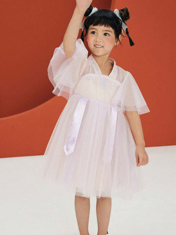 Mini Bala Girls' New Chinese Style Net Bubble Sleeve Dress