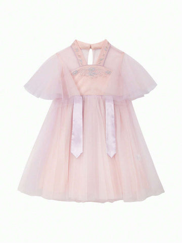 Mini Bala Girls' New Chinese Style Net Bubble Sleeve Dress