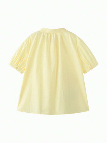 Mini Bala Girls' Short Sleeve Shirt: Summer New Baby Fashion Sweet Bubble Sleeve Turn-Down Collar Clothes