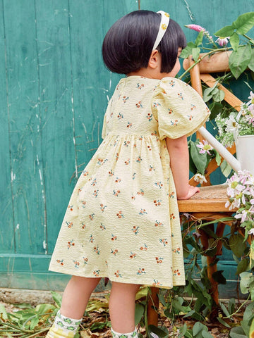 Mini Bala Girls' Summer Dress Year Old Baby Sweat Absorbing Pure Cotton Full Print Bubble Sleeve Dress