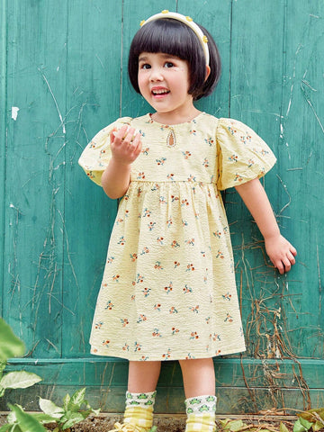 Mini Bala Girls' Summer Dress Year Old Baby Sweat Absorbing Pure Cotton Full Print Bubble Sleeve Dress