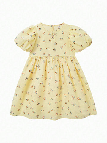 Mini Bala Girls' Summer Dress Year Old Baby Sweat Absorbing Pure Cotton Full Print Bubble Sleeve Dress