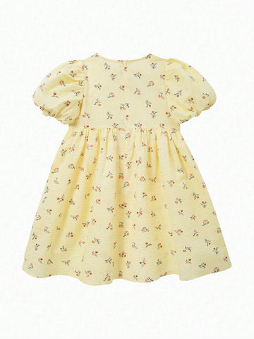 Mini Bala Girls' Summer Dress Year Old Baby Sweat Absorbing Pure Cotton Full Print Bubble Sleeve Dress