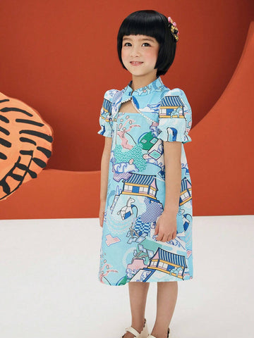 Mini Bala Summer New Girls' Baby Breathable Pure Cotton Dreamy Chinese Style Qipao Dress