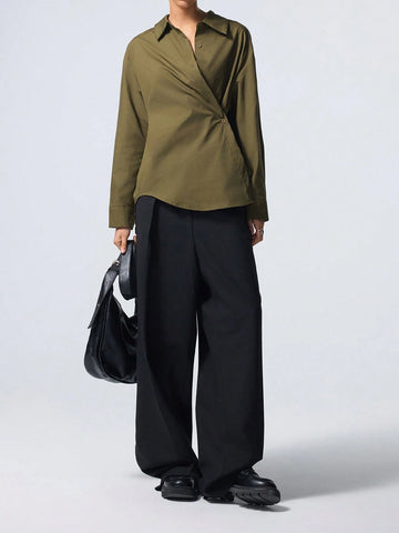 Casual Solid Color Asymmetrical Wrap Waist Shirt,