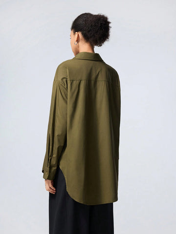 Casual Solid Color Asymmetrical Wrap Waist Shirt, Autumn