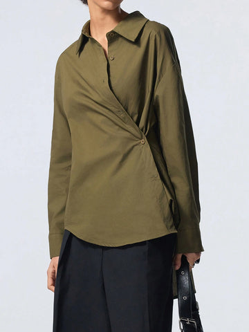 Casual Solid Color Asymmetrical Wrap Waist Shirt, Autumn