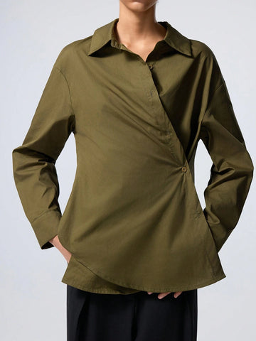 Casual Solid Color Asymmetrical Wrap Waist Shirt, Autumn