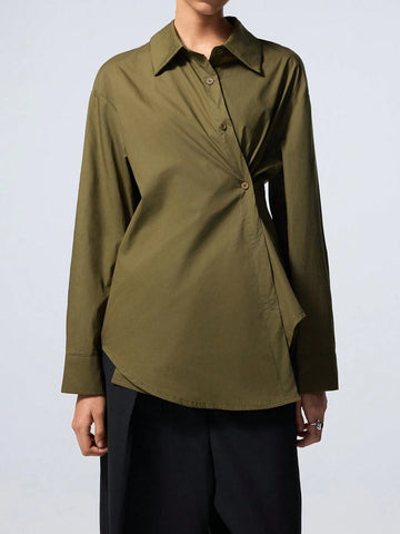 Casual Solid Color Asymmetrical Wrap Waist Shirt,