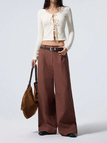 Minimalana Women Plain Front Button Casual Long Pants, For Daily Leisure