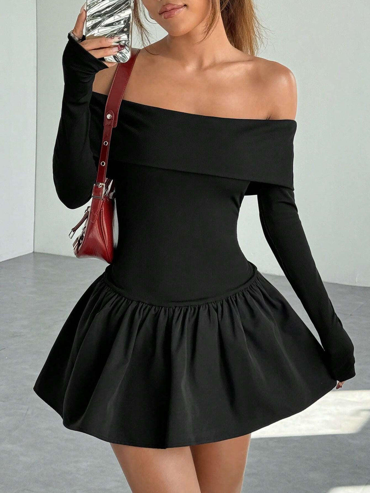 Minimalana Women's Elegant Solid Color One-Shoulder Floral Ruffle Hem Mini Dress, Autumn Season