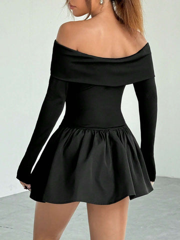 Minimalana Women's Elegant Solid Color One-Shoulder Floral Ruffle Hem Mini Dress, Autumn Season