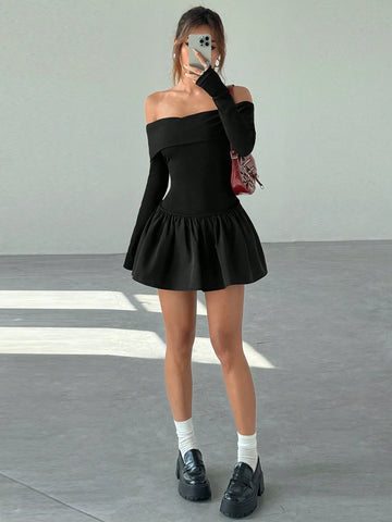 Minimalana Women's Elegant Solid Color One-Shoulder Floral Ruffle Hem Mini Dress, Autumn Season