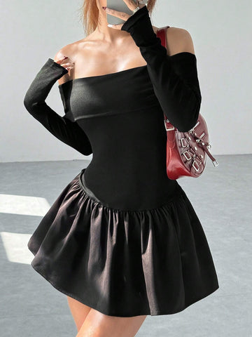 Minimalana Women's Elegant Solid Color One-Shoulder Floral Ruffle Hem Mini Dress, Autumn Season