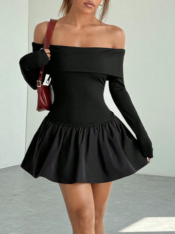 Minimalana Women's Elegant Solid Color One-Shoulder Floral Ruffle Hem Mini Dress, Autumn Season