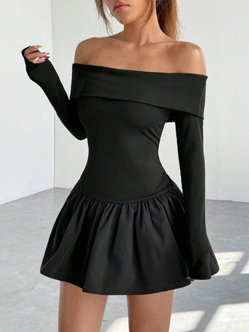 Minimalana Women's Elegant Solid Color One-Shoulder Floral Ruffle Hem Mini Dress, Autumn Season