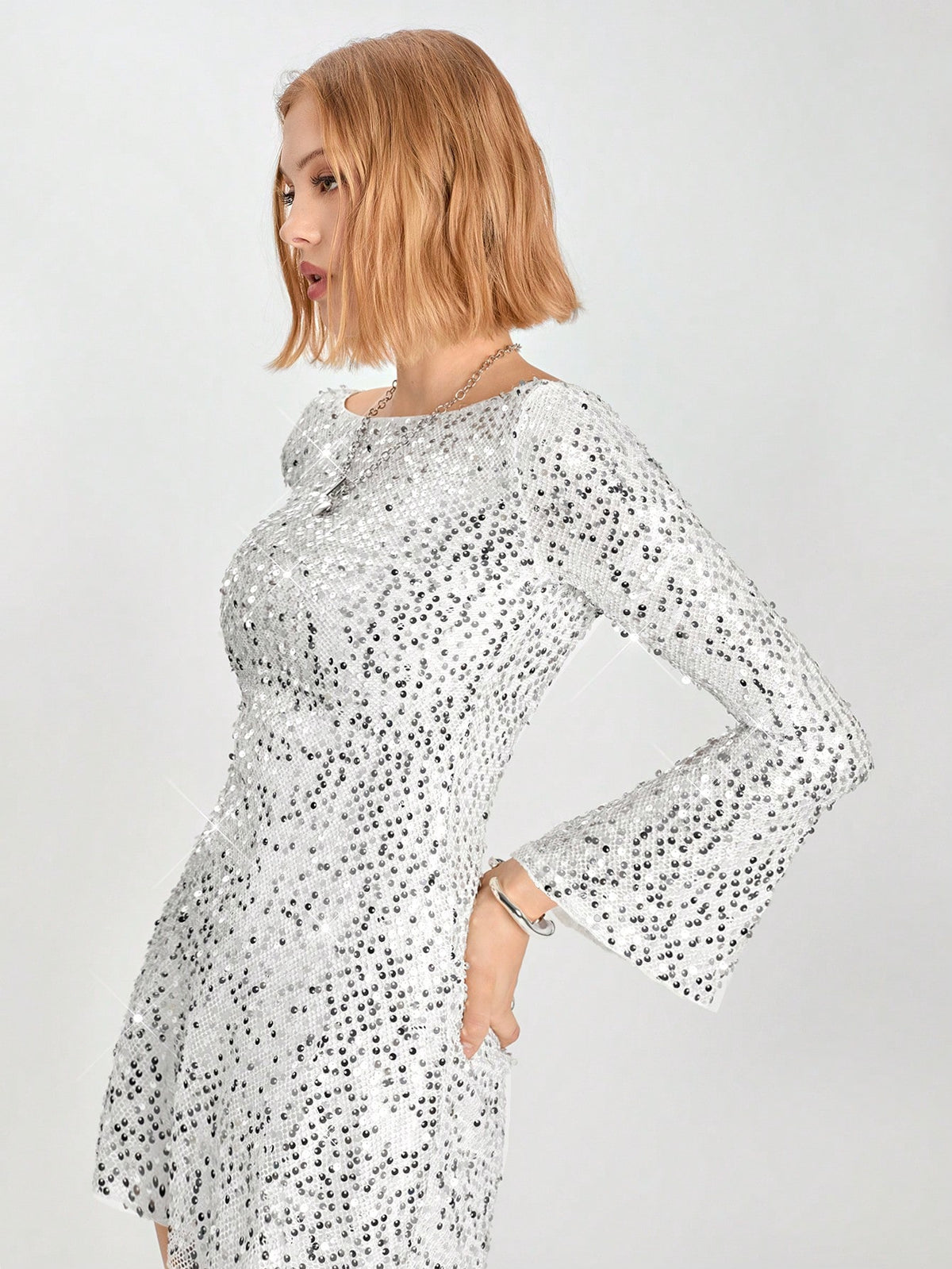 Minimalana Women's Solid Color Sequin Backless Round Neck Long Sleeve Elegant Short Dress