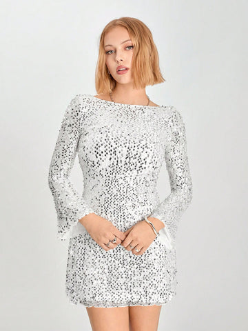 Minimalana Women's Solid Color Sequin Backless Round Neck Long Sleeve Elegant Short Dress