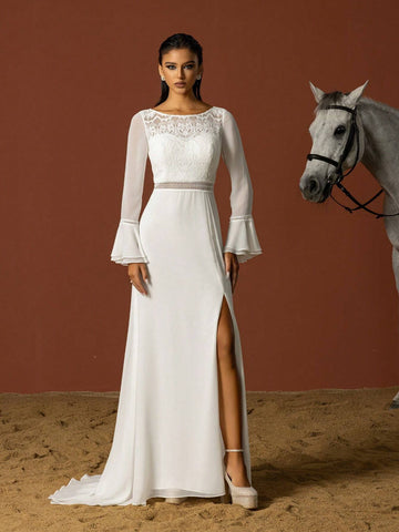 Minimalist Lace Patchwork Flare Sleeve French Light Bridal Gown