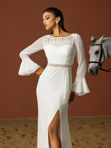 Minimalist Lace Patchwork Flare Sleeve French Light Bridal Gown