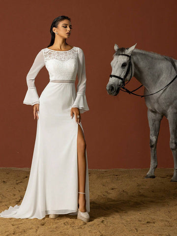 Minimalist Lace Patchwork Flare Sleeve French Light Bridal Gown