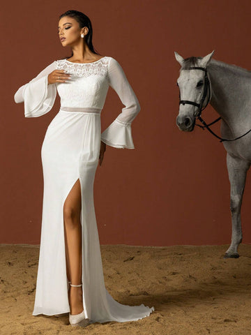 Minimalist Lace Patchwork Flare Sleeve French Light Bridal Gown