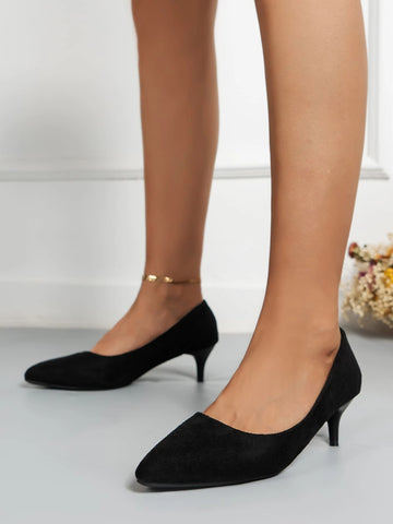 Minimalist Point Toe Heeled Suedette Court Pumps, Black Elegant Pu Leather Solid Color Women's High Heels