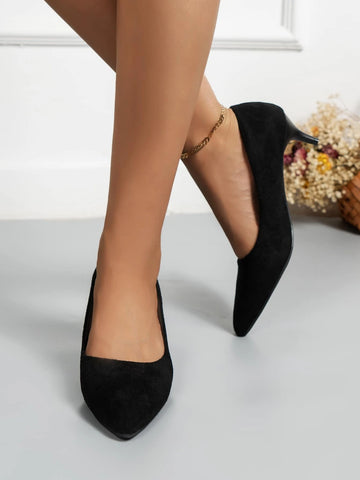 Minimalist Point Toe Heeled Suedette Court Pumps, Black Elegant Pu Leather Solid Color Women's High Heels
