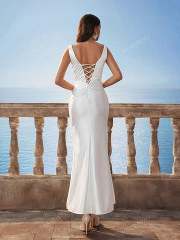 Minimalist Satin V-Neck High-End Baroque Sleeveless Romantic 3D Floral Split Maxi Cocktail Elegant Wedding Dress White