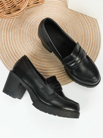 Colorblock Metal Decor Chunky Heeled Loafer Pumps