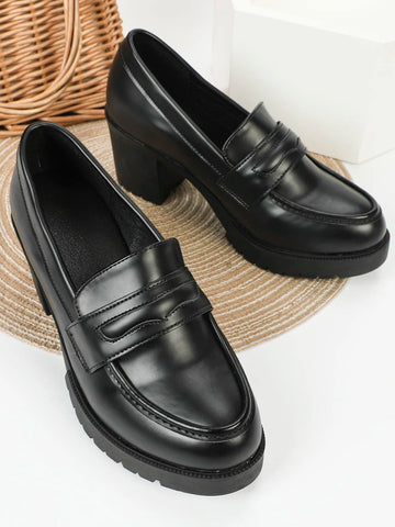 Colorblock Metal Decor Chunky Heeled Loafer Pumps