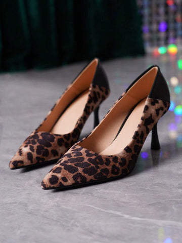Minimalist Style, Home, Party, Elegant, Pointed Toe Velvet Leopard Print Flat Slip-On