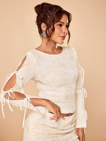 Knit Jacquard Embroidered Bow Decor Round Neck Pullover T-Shirt, Going Out