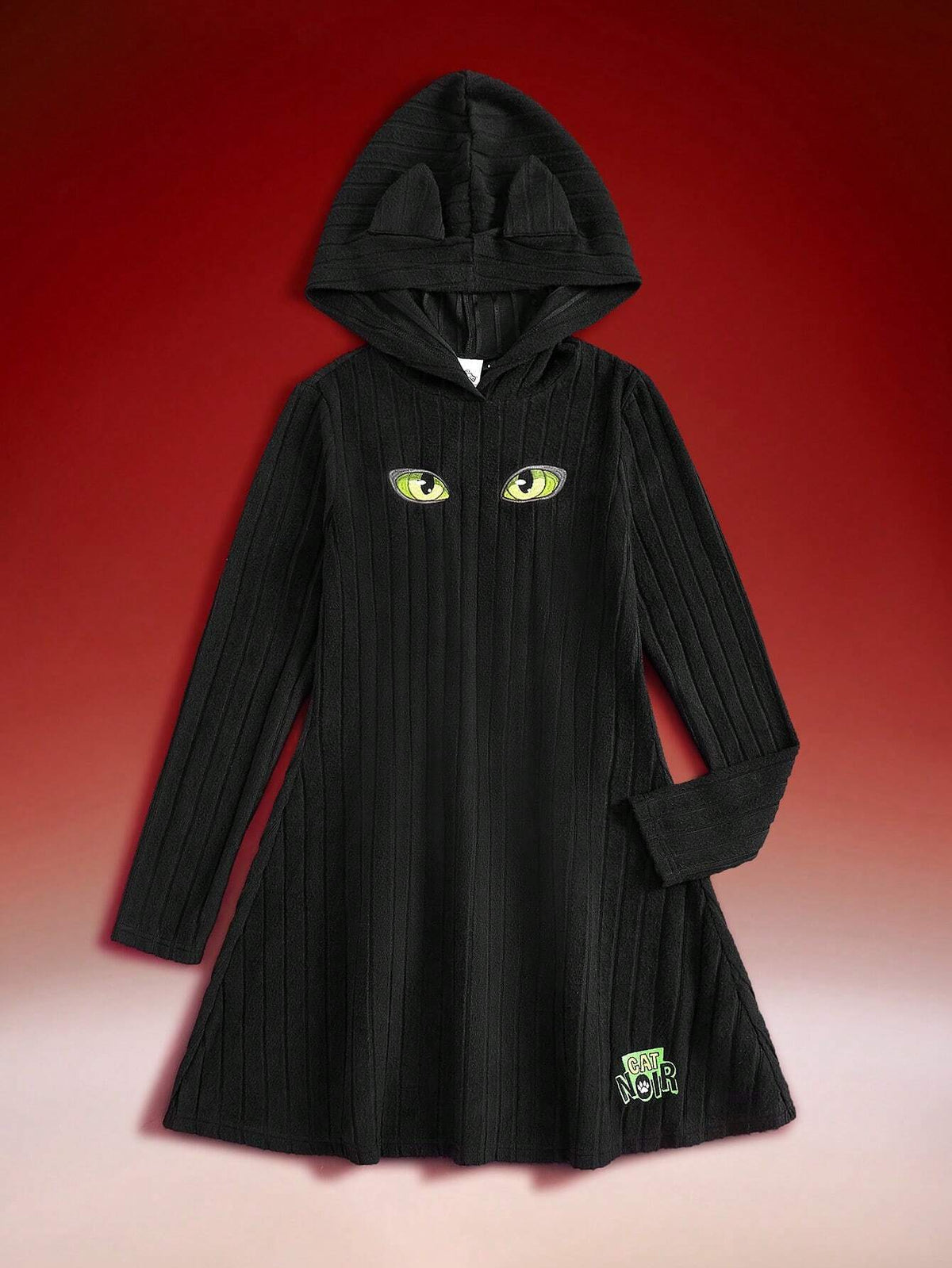 Women's Black Autumn Eye Pattern Ribbed Hooded Dress Winter Funny Fleece War