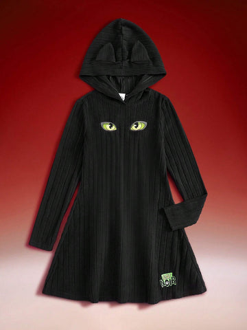 Women's Black Autumn Eye Pattern Ribbed Hooded Dress Winter Funny Fleece War