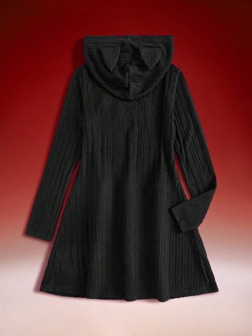 Women's Black Autumn Eye Pattern Ribbed Hooded Dress Winter Funny Fleece War