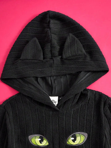 Women's Black Autumn Eye Pattern Ribbed Hooded Dress Winter Funny Fleece War