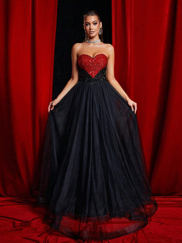 Missord Color Block Glitter And Mesh Splicing Gorgeous Women's Formal Evening Dress