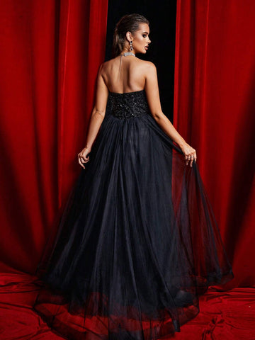 Missord Color Block Glitter And Mesh Splicing Gorgeous Women's Formal Evening Dress