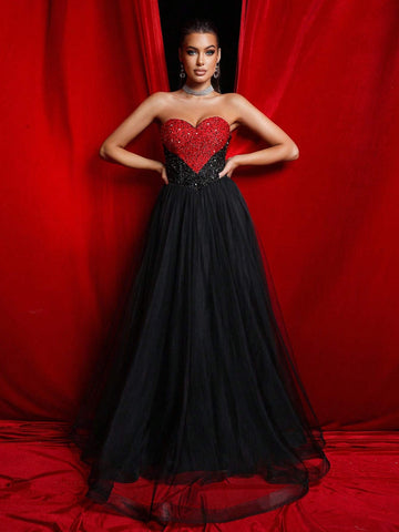 Missord Color Block Glitter And Mesh Splicing Gorgeous Women's Formal Evening Dress