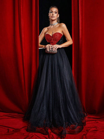 Missord Color Block Glitter And Mesh Splicing Gorgeous Women's Formal Evening Dress