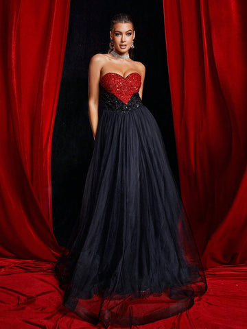 Missord Color Block Glitter And Mesh Splicing Gorgeous Women's Formal Evening Dress