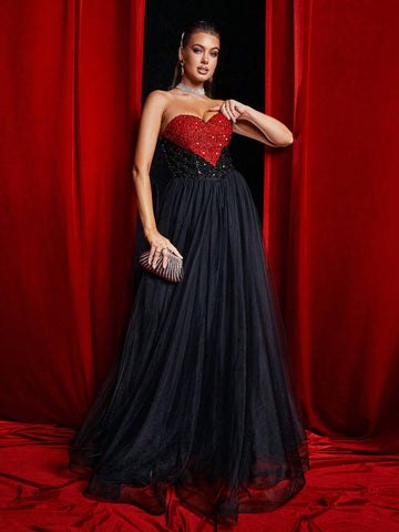 Missord Color Block Glitter And Mesh Splicing Gorgeous Women's Formal Evening Dress