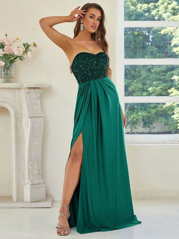 Missord Contrast Sequin Split Thigh Tube Formal Bridesmaid Dress