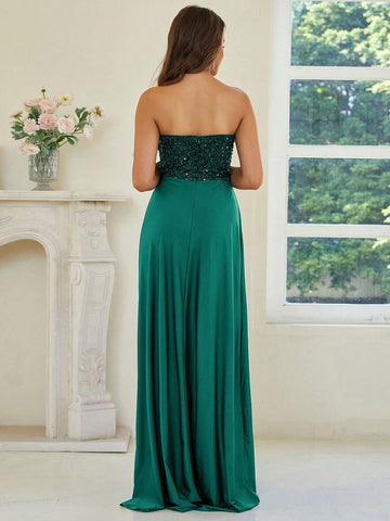 Missord Contrast Sequin Split Thigh Tube Formal Bridesmaid Dress