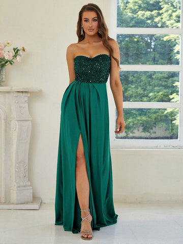Missord Contrast Sequin Split Thigh Tube Formal Bridesmaid Dress
