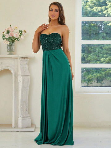Missord Contrast Sequin Split Thigh Tube Formal Bridesmaid Dress