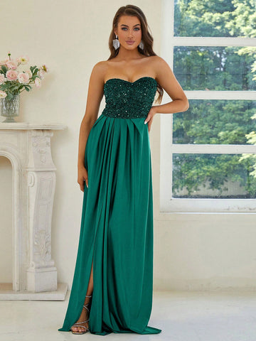 Missord Contrast Sequin Split Thigh Tube Formal Bridesmaid Dress