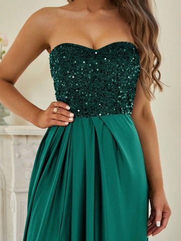 Missord Contrast Sequin Split Thigh Tube Formal Bridesmaid Dress