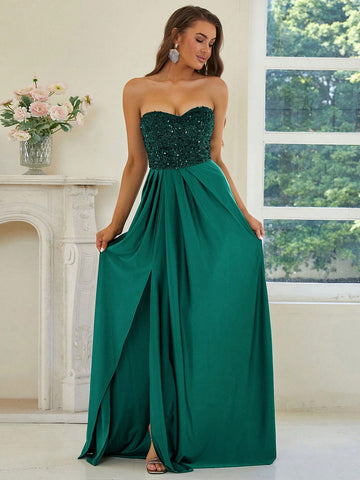 Missord Contrast Sequin Split Thigh Tube Formal Bridesmaid Dress